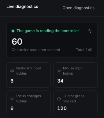 Live diagnostics: the game is reading the controller