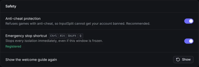 Safety settings: anti-cheat protection and emergency stop